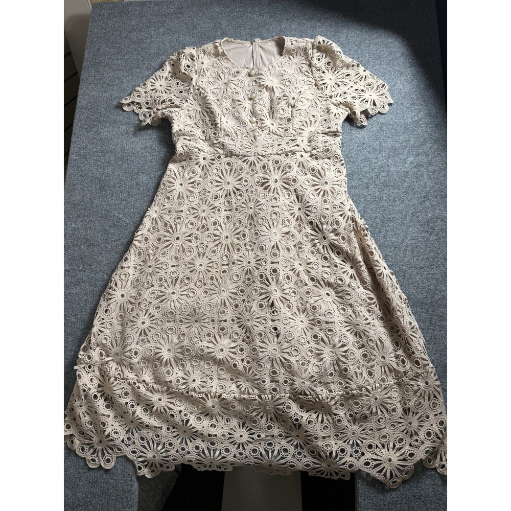 Womens Cream/dusty Pink Floral Eyelet Lace Dress Short Sleeve Faux Pearl Buttons
